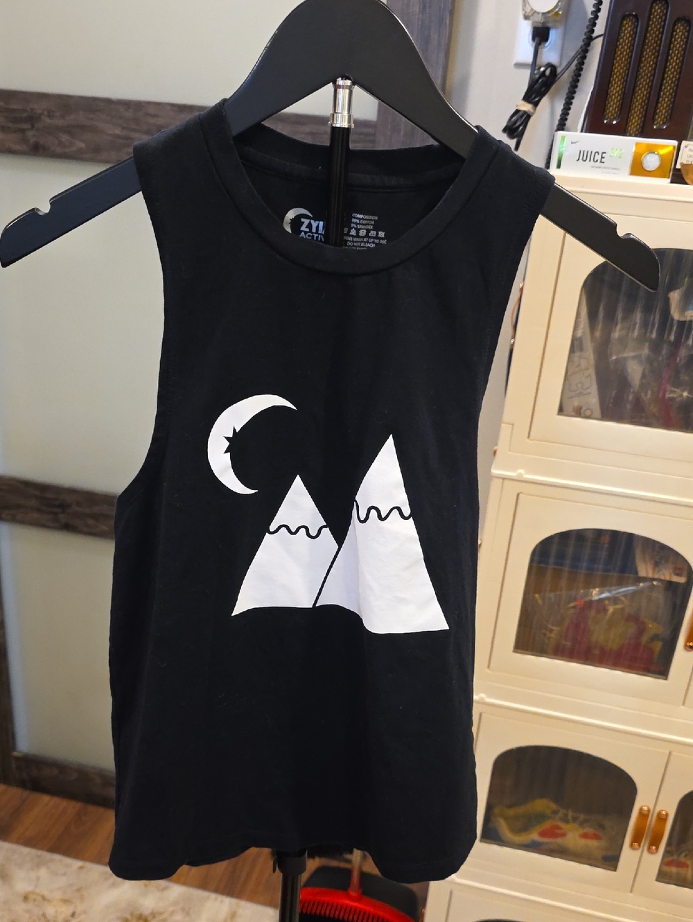 Active USA Black Tank Top with White Mountain & Moon Graphic